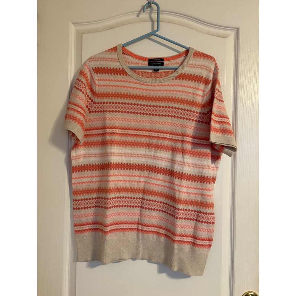 Lands End Womens 1X Supima Cotton Short Sleeve Fair Isle Stripe Sweater Coral